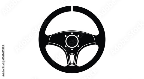 Black and white vector illustration of a classic racing-style steering wheel with a center marker
