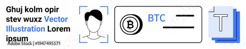 Digital identity, cryptocurrency, blockchain, fintech, online security, virtual transaction. Visual features include a user profile icon, Bitcoin symbol and text file. Digital identity