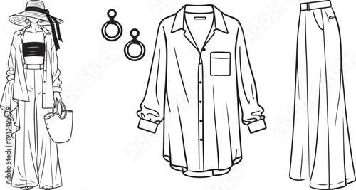 Women fashion outfit vector set with hat shirt pants handbag earrings minimal line clothing icons