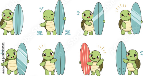 Cute Cartoon Turtle with Surfboard in Fun and Playful Beach Scene Illustration