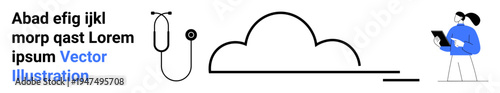 Cloud technology, telemedicine, healthcare integration, modern diagnostics, data security, online solutions. Stethoscope beside a cloud and a professional observing the screen. Cloud technology