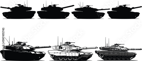 "Ten illustrated military tanks in two rows showing silhouettes and detailed colored designs, armored combat vehicle comparison artwork, defense machinery concept, warfare technology engineering 
