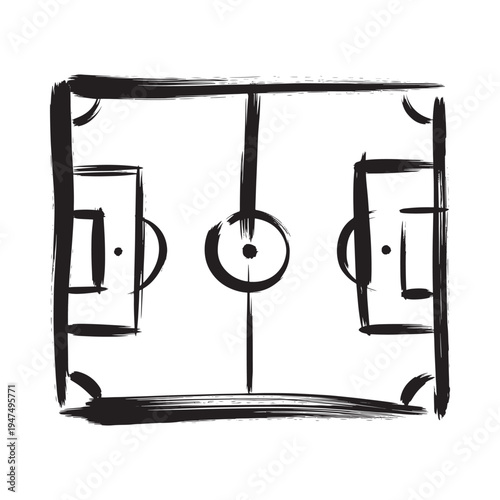 A roughly sketched black and white illustration of a soccer goal with a center circle and posts