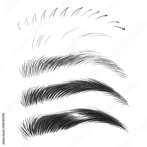 Detailed eyebrow brush strokes varying thickness and density showing natural hair texture black and white sketches on transparent background