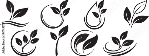 Eco leaf plant logo vector set, minimal organic nature growth icons with circular shapes