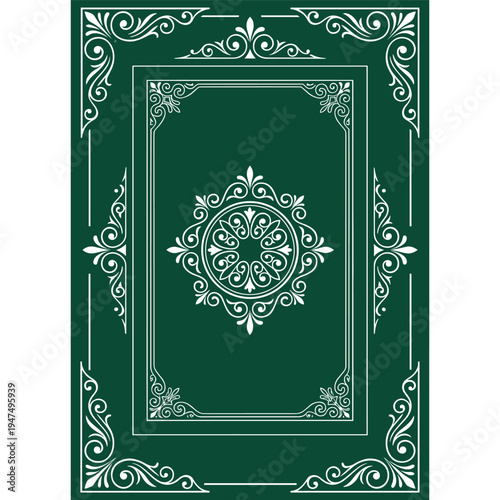 Green book cover with white ornate design and border