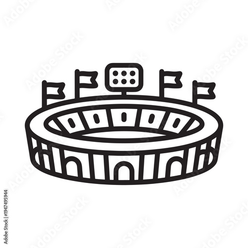 A black and white line drawing depicts a circular coliseum with flags atop its walls