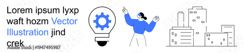 Innovation, teamwork, technology, creativity, business growth, urban planning. A light bulb with a gear, a person gesturing and modern city buildings. Innovation and teamwork concept