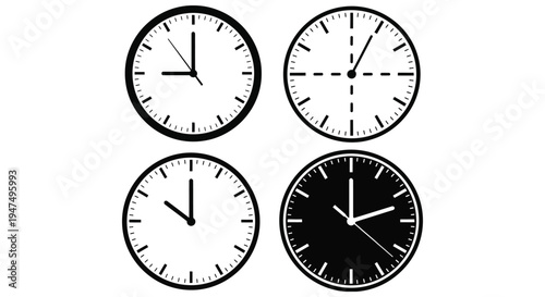 Diverse collection of simple black and white vector clock face illustrations representing different time concepts
