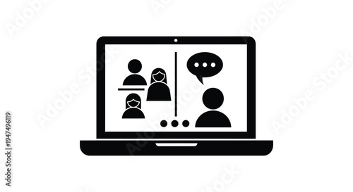 Vector illustration of a laptop displaying a remote group video conference call with active participant talking