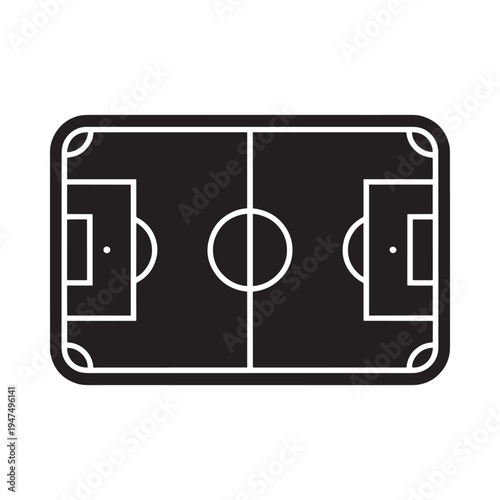 A simplified black and white aerial view of a soccer field showcasing the pitch markings and goal areas