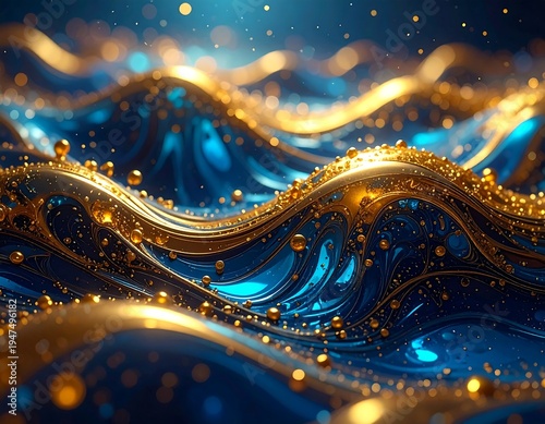 A vibrant abstract artwork featuring undulating waves of blue and gold