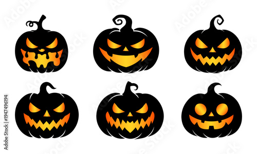 Scary Halloween Pumpkin Faces Set – Spooky Jack-O-Lantern Silhouette Collection with Glowing Eyes and Evil Smiles, Creepy Halloween Vector Illustration