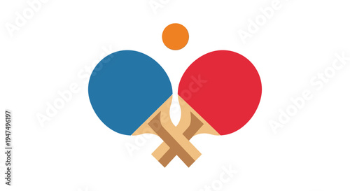 Minimalist vector graphic illustration design featuring two crossed table tennis paddles and an orange ball