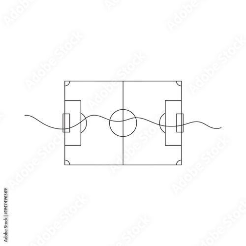 A minimalist line drawing depicts a soccer field with goals center circle and boundary lines
