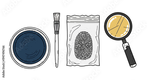 Forensic investigation tools: fingerprint, magnifying glass, brush, ink pad