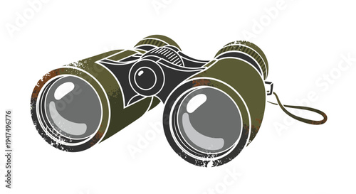 Green binoculars, grunge texture, isolated on white background