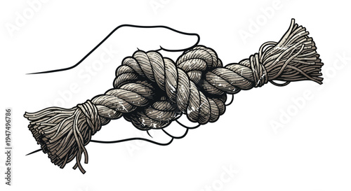 Hand tying knot in thick rope