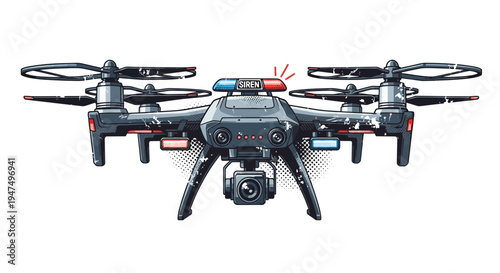 Police drone with siren and camera, modern surveillance technology