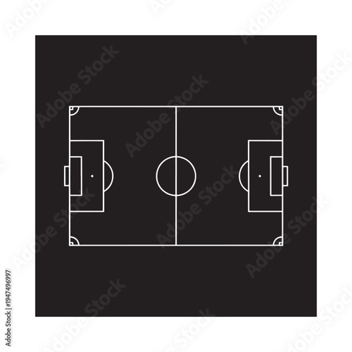 An aerial view of a soccer field with white lines on a black background depicting the playing area