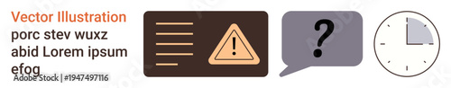 Alert systems, decision-making, time management, uncertainty, deadlines, problem-solving. Warning symbol, speech bubble with question mark and clock icon. Alert systems and time management concepts