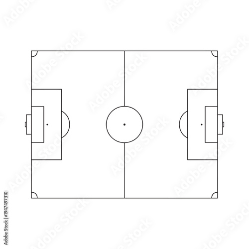 An aerial view of a soccer field outlined in black showing goalposts center circle and markings