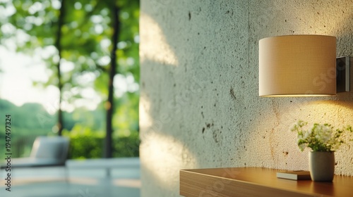 Modern wall lamp illuminating textured concrete wall with blurred outdoor nature scene