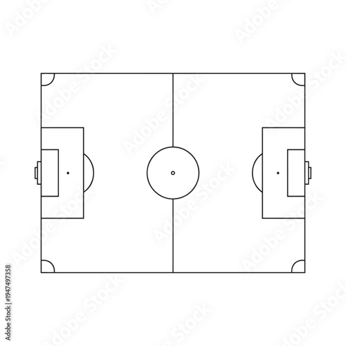 A simple black and white line drawing showcasing a top down view of a soccer field