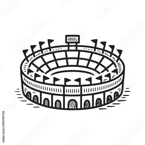 A hand drawn style illustration of a circular stadium with flags and architectural details high quality