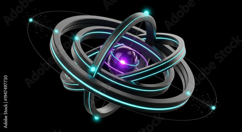 Glowing purple and blue neon rings swirl around a vibrant purple center on a black background representing technology and innovation in a futuristic design