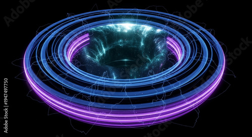 Glowing blue and purple neon rings with radiant light effect on black background futuristic technology and innovation concept