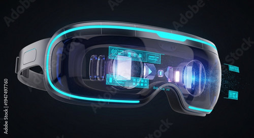Virtual reality headset with glowing blue lights on a black background for gaming and tech innovation
