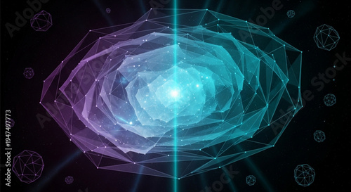 Glowing purple and blue geometric shape with bright light futuristic technology background with abstract design elements and lines