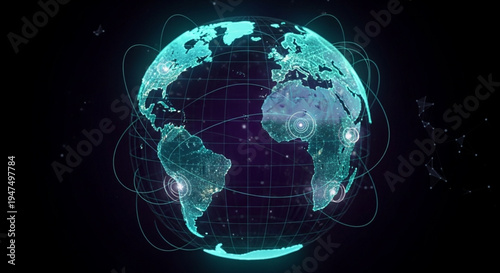 Glowing digital earth map with connections and grid lines on a dark background representing global communication and technology
