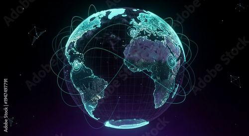 Glowing digital earth with interconnected lines and nodes on a dark background representing global communication and technology