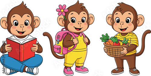 Set of three cute monkey cartoon characters including a student reading a book a girl with a backpack and a monkey holding vegetable basket