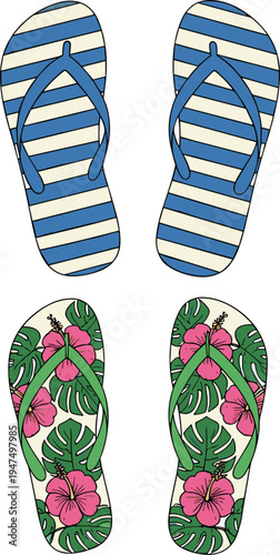 Vector Illustration Set of Two Pairs of Summer Flip Flops Featuring Nautical Blue Stripes and Tropical Hibiscus Floral Patterns with Green Monstera Leaves for Beach Travel