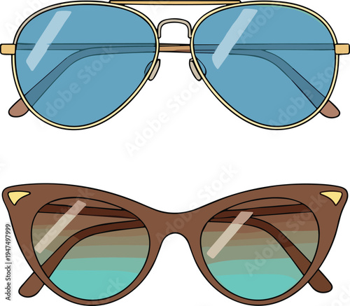Vector Illustration Set Featuring Two Styles of Sunglasses Including Classic Blue Aviators with Gold Frames and Retro Brown Cat Eye Lenses for Summer Fashion Design
