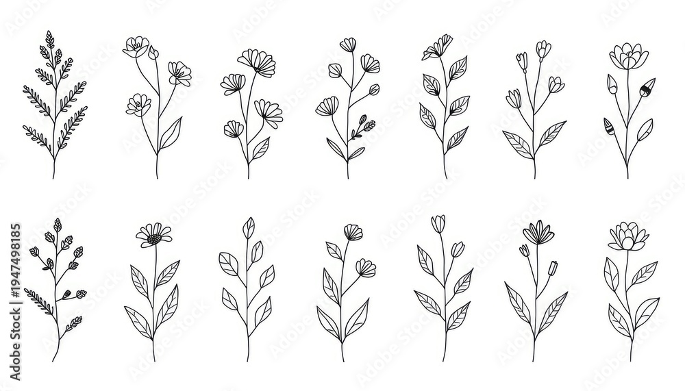 Fototapeta premium minimal botanical graphic sketch drawing, trendy tiny tattoo design, floral elements vector illustration