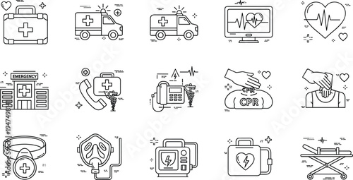 PrintMedical emergency and first aid line icon set with ambulance CPR defibrillator oxygen mask ECG monitor healthcare illustration