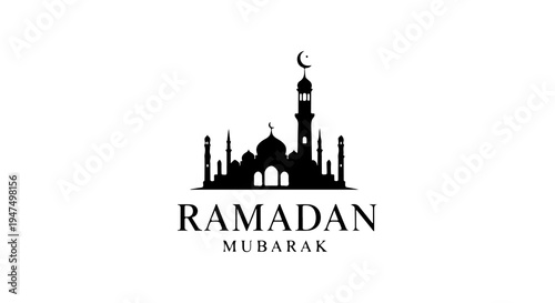 A black silhouette of a mosque with a crescent moon and 'RAMADAN MUBARAK' text on a white background.