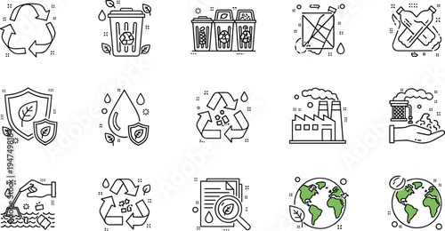 Recycling and environmental protection line icon set with waste management pollution control eco earth illustration