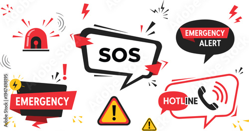 Emergency alert and SOS warning illustration set with hotline call siren danger sign safety notification graphics