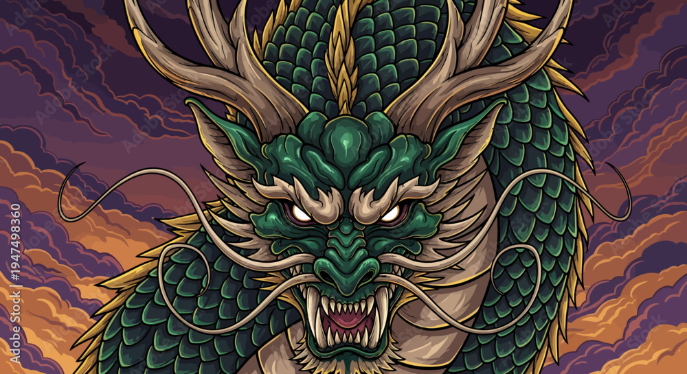 Fototapeta premium A green dragon with sharp teeth and claws.