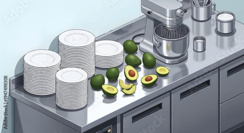 Avocados and kitchen utensils on countertop.