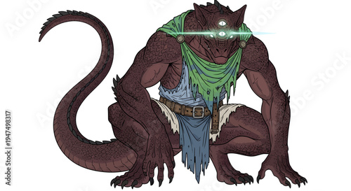 A fantasy creature with glowing green eyes.