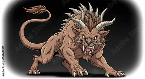 A cartoon creature with horns and sharp teeth.