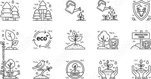 Eco friendly and environmental protection line icon set with tree planting forest conservation sustainability illustration