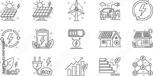 Renewable energy and green power line icon set with solar panel wind turbine electric car battery eco illustration