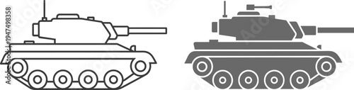 "Two side view military tank illustrations comparison showing outline design and solid silhouette, armored combat vehicle concept, defense machinery artwork, warfare technology engineering drawing"